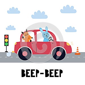 Beep beep print with cute rabbit and fox driving the red car. Funny background