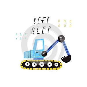 Beep beep text and cartoon excavator isolated