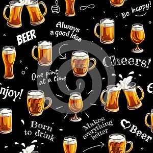 Seamless pattern with beer glasses and texts. Mugs and glasses for toast with light beer on black background.