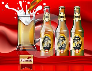 Beer ads design. Three different types of beer. Filling beer with a splash. Mockup
