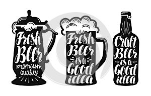 Beer, ale label set. Brew, drink, mug, bottle icon or symbol. Handwritten lettering vector illustration