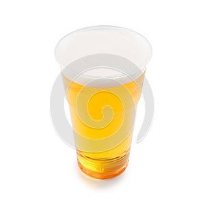 Beer, ale or lager in a plastic disposable cup