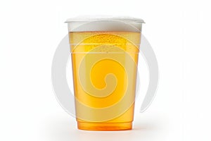 Beer, ale or lager in a plastic disposable cup