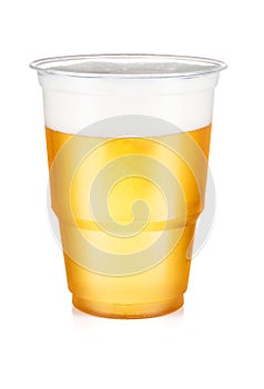 Beer, ale or lager in a plastic disposable cup isolated on white background