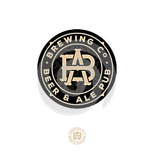 Beer and Ale logo. Beer Pub emblem. A and B crossing letters. Craft Beer logotype at engraving style.