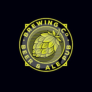 Beer and Ale logo. Beer Pub emblem. Letters and hop cone at engraving style.