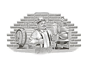 Beer or ale manufacturing vintage engraving style vector illustration. Craft brewery and male brewer. Man holding a beer mug, brew