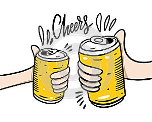 Beer aluminum can. Hand drawn vector illustration. Cheers lettering phrase. Cartoon style. Isolated on white background