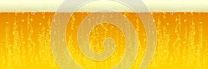 Beer background, foam froth bubbles texture. Horizontal amber foam or cold fresh beer pattern background