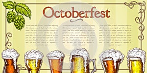 Beer background vector vintage. traditional beer festival banner template with foamy beer glasses in retro style