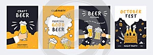 Beer backgrounds. Retro pattern with oktoberfest pub elements, food and mug of alcohol pint. Craft beverages. Ale and