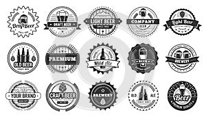 Beer badges. Beers pub, lager bottle and hipster craft beer badge isolated vector illustration set