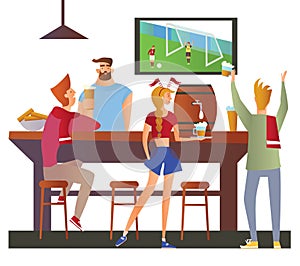 Beer bar - Restaurant. Football fans cheering for the team in a bar. Football match, bar with bartender, alcohol drink