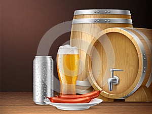 Beer and barrel background. Realistic wooden container for storing alcoholic drinks, glass goblet, tin can with drops photo