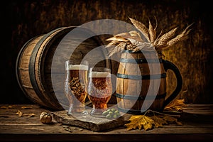 Beer Barrel And Beer Glasses With Grain On Wooden Table - Generative AI