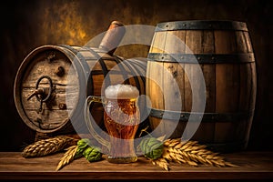Beer Barrel And Beer Glasses With Grain On Wooden Table - Generative AI