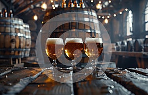 beer, a barrel and four glasses in front of the barrel