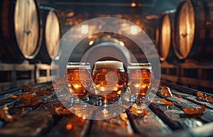 beer, a barrel and four glasses in front of the barrel