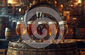 beer, a barrel and four glasses in front of the barrel