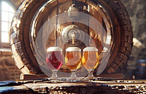 beer, a barrel and four glasses in front of the barrel