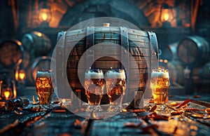 beer, a barrel and four glasses in front of the barrel