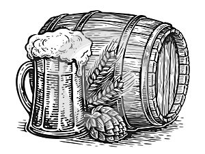 Beer, barrel and mug. Hand drawn sketch illustration for pub, brewery or restaurant menu