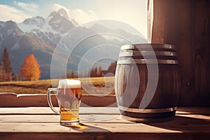 Beer barrel and mug table. Generate Ai