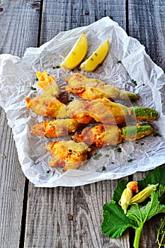 Beer-Battered Squash Blossoms Stuffed with Ricotta