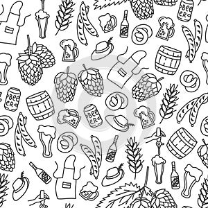 Beer and beer snacks hand drawn doodle style seamless pattern. Oktoberfest concept background for fabric or apparel