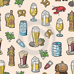 Beer in beerhouse brewery beermug or beerbottle and dark ale or beerbarrel in bar on beery party with alcohol set