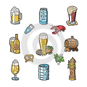 Beer in beerhouse brewery vector beermug or beerbottle and dark ale or beerbarrel in bar on beery party with alcohol set photo