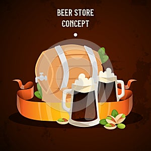 Beer in beerhouse brewery vector beermug beerbottle and dark ale illustration backdrop of beerbarrel in bar on beery photo
