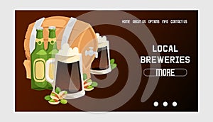 Beer in beerhouse brewery vector web page beermug beerbottle and dark ale illustration backdrop of beerbarrel in bar on