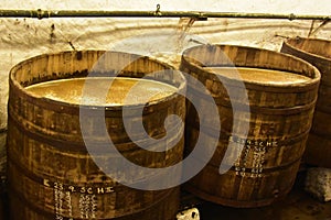 Beer being brewed in an old oak barrel brewery