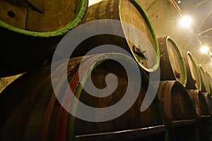 Beer being brewed in an old oak barrel brewery