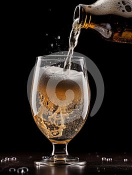 Beer is being poured into a glass on a black background