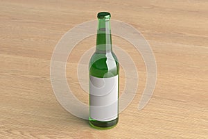 Beer bottle 500ml mock up with blank label on wooden background