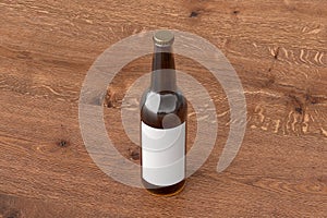 Beer bottle 500ml mock up with blank label on wooden background