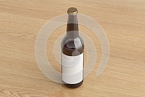 Beer bottle 500ml mock up with blank label on wooden background