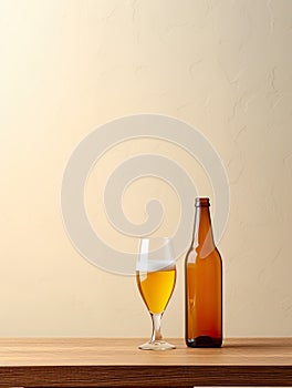 Beer bottle alongside a glass filled with refreshing beer, set against a vibrant yellow background.