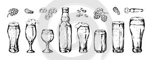 Beer bottle. Aluminum can. Pint glass. Engraved sketch for craft menu. Doodle alcohol. Full mugs set. Opener and snacks
