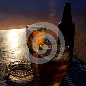 Beer, bottle, ashtray, glass