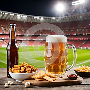 A beer bottle and a beer mug sit on a table in front of the stadium