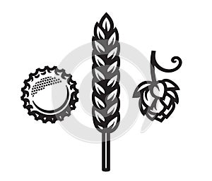 Beer bottle cap, barley or wheat ear and hop cone icons. Vector illustration.