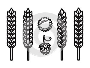 Beer bottle cap, hop cone and ears of wheat, barley or rye icons. Design elements for beer prodaction, brewery