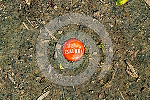 Beer bottle cap with the inscription Salud half buried in the earthy soil photo