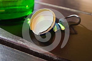 Beer bottle caps piled soda, thirsty, wood