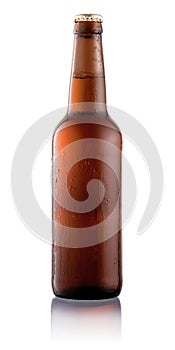 Beer bottle with condensation water drops isolated on white