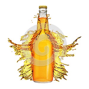 Beer bottle with droplets and splash isolated on white