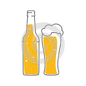 Beer bottle and a glass of foam beer. Vector flat illustration isolated on white background